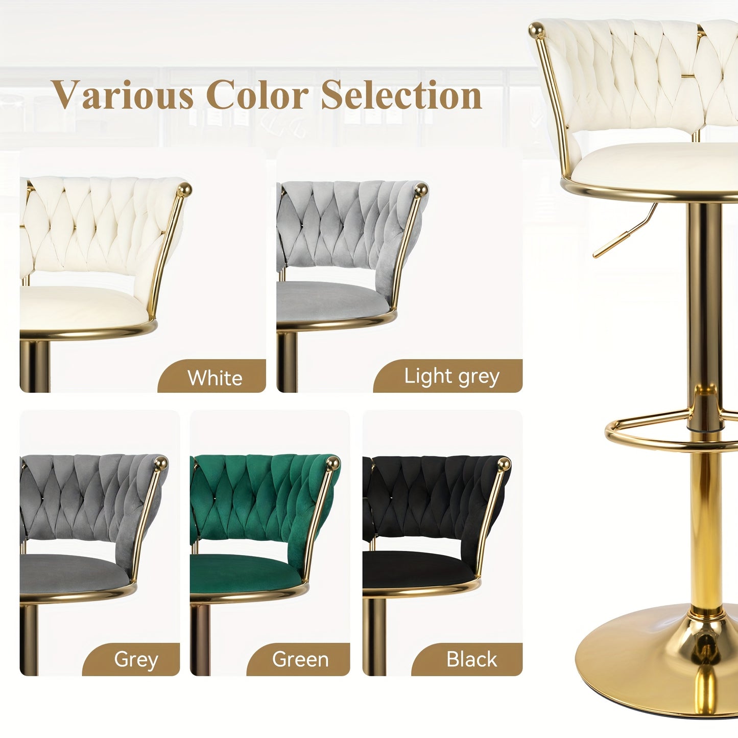2pcs/4pcs Modern Swivel Woven Velvet Bar Stools, Stool, 360° Swivel Adjustable Height Bar Stool with Backs Golden Metal Tall Bar Stools Counter Height for Kitchen Island, for Christmas, Festival, New Year'S Gift