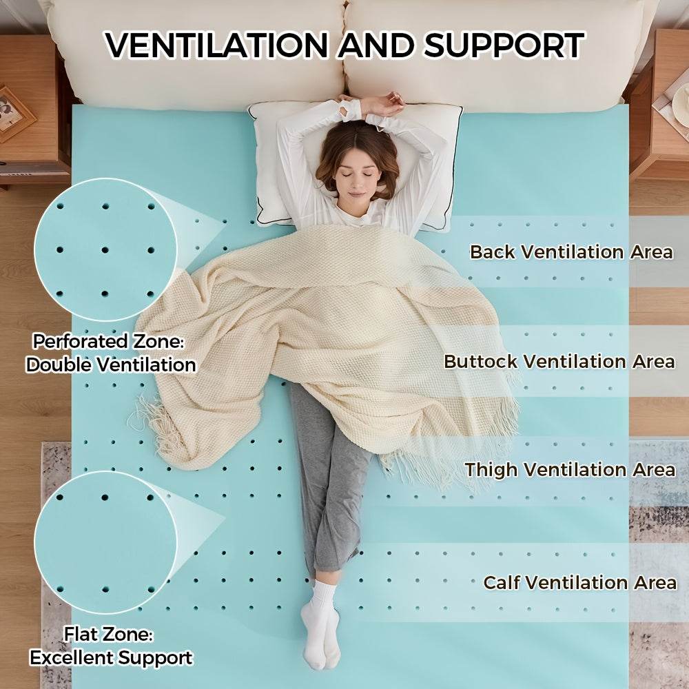 Breathable Gel Memory Foam Mattress Topper with Larger-pore Zones, Breathable Soft Mattress Topper, Cooling Mattress Topper, Gel, High-quality Memory Foam Mattress; Available In 1.5", 2", 3", And 4" Thicknesses for A Variety Of Options, Blue