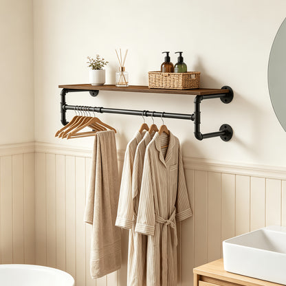 AESOME 39.3''L Industrial Pipe Clothes Rack with Top Shelf And 3 Hooks Wall Mounted Garment Rack Heavy Duty Detachable Multi-Purpose Hanging Rod for Closet Storage