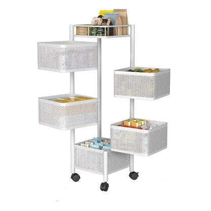 5-Tier Rotating Kitchen Storage Shelf with Wheels, Metal Fruit & Vegetable Basket Rack Storage Trolley, Floor-Standing Multi-Layer Organizer for Kitchen & Bathroom, Square