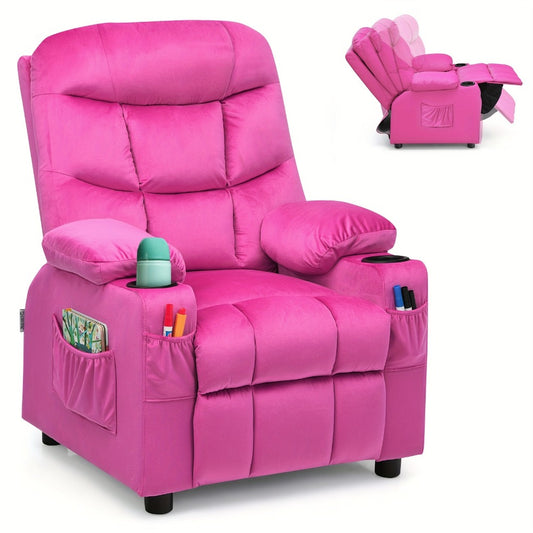 Girls' Pink Velvet Recliner Chair with Cup Holder & Storage Pocket - Heavy-Duty 300lb Capacity, Ergonomic Backrest & Armrests, Manual Recliner with Safety Belt - Modern Soft Cushioned Lounge Chair for Kids & Teens, Easy Assembly, Ideal for Bedroom, Living