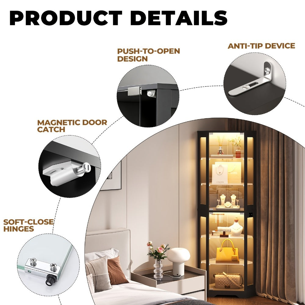 Corner Display Cabinet 6 Tier with 3-Color LED Light & Motion Sensor, Glass Storage Cabinet for Figurines Books Vinyl Records, Living Room Bedroom Game Room Organizer Black