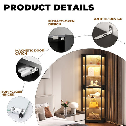 Corner Display Cabinet 6 Tier with 3-Color LED Light & Motion Sensor, Glass Storage Cabinet for Figurines Books Vinyl Records, Living Room Bedroom Game Room Organizer Black
