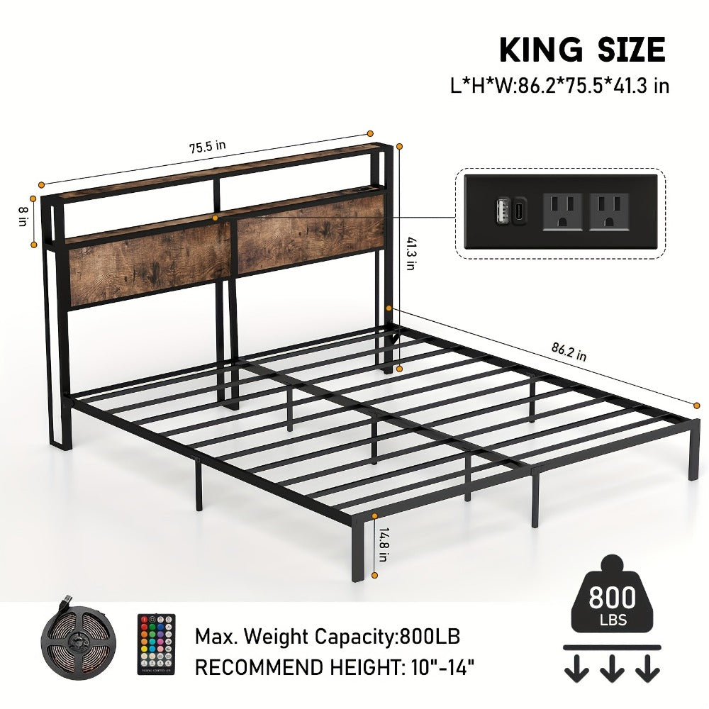 LED Bed Frame with USB Charging & 2-Tier Storage Headboard | Metal Platform, 12-Color Lights, Under-Bed Storage, 800 lbs, No Box Spring – Full Queen King