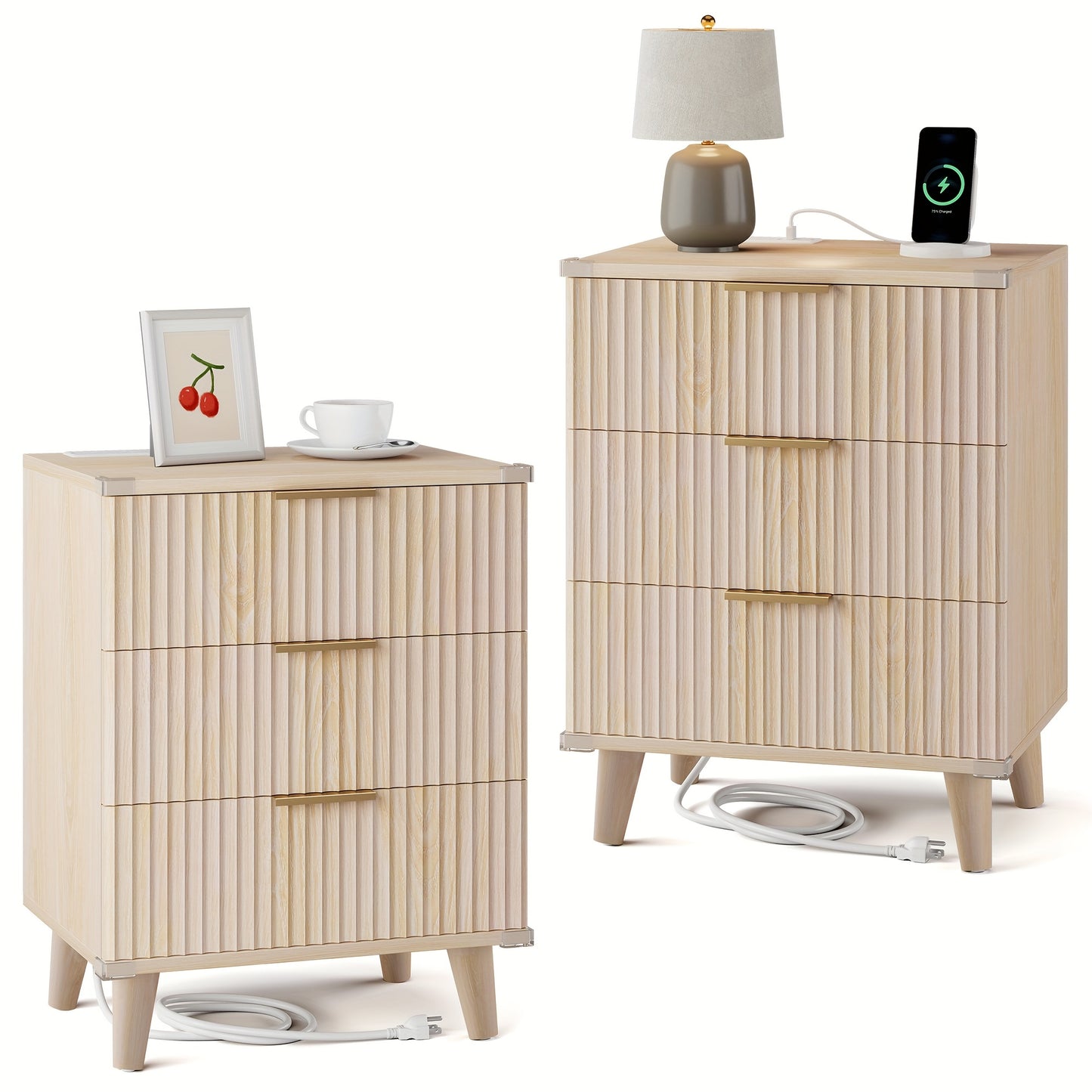 [Nightstand with Charging] Set of 1 Or 2 Nightstand with Charging Station, Side Table with 3 Drawers, Bedside End Table with 2 USB Ports And 2 AC Outlets, Night Stand for Bedroom, Small Dresser for Small Spaces