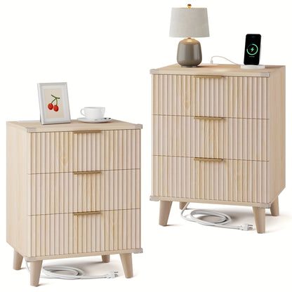 [Nightstand with Charging] Set of 1 Or 2 Nightstand with Charging Station, Side Table with 3 Drawers, Bedside End Table with 2 USB Ports And 2 AC Outlets, Night Stand for Bedroom, Small Dresser for Small Spaces