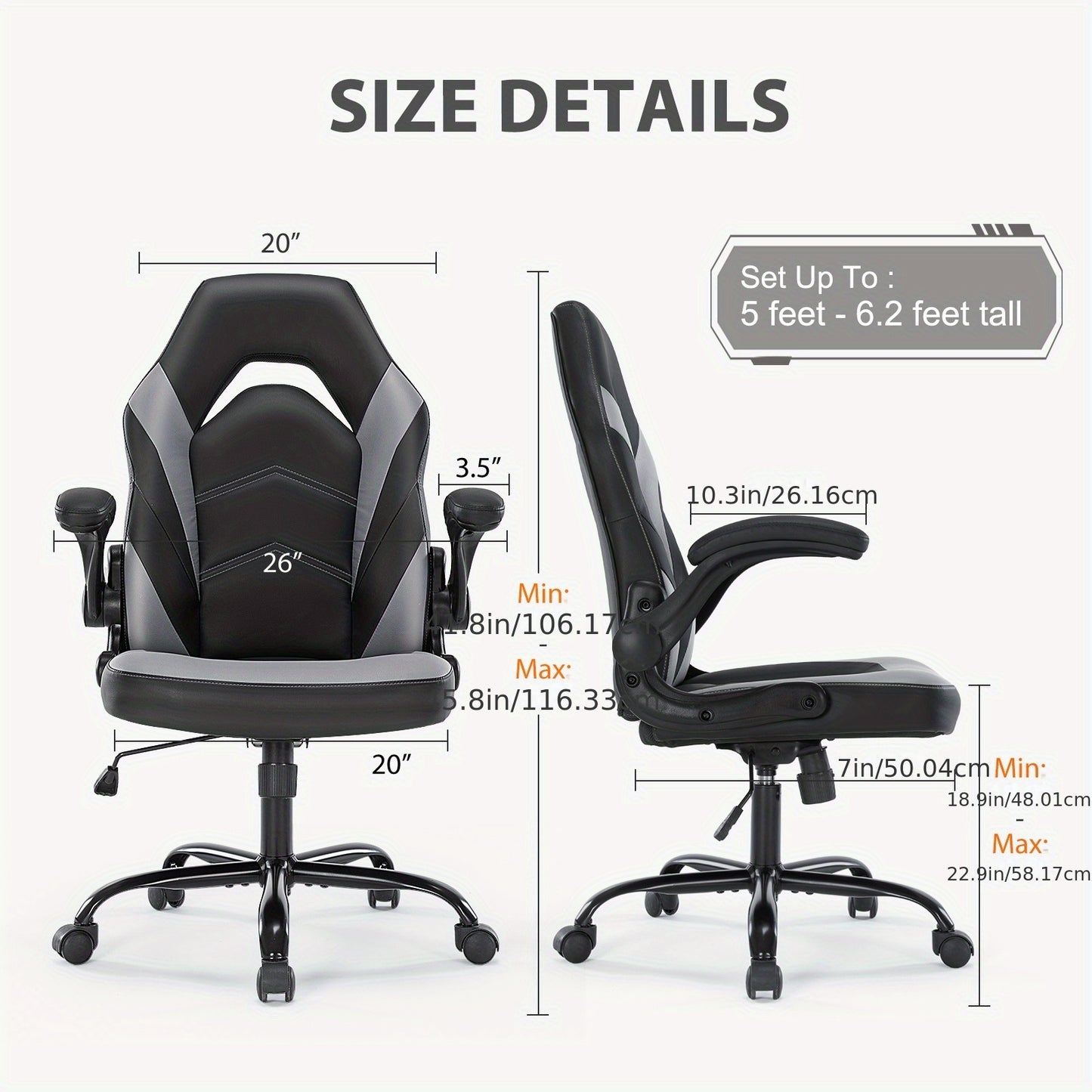 Ergonomic Gaming Chair | High Back, Flip-up Armrest, Wheeled, Height Adjustable 360°-Swivel, Sponge Filled, Solid Back Style, Synthetic Faux Leather, Lumbar Support, Manual Recliner, Wipe Clean - ANTONIA