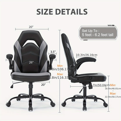 Ergonomic Gaming Chair | High Back, Flip-up Armrest, Wheeled, Height Adjustable 360°-Swivel, Sponge Filled, Solid Back Style, Synthetic Faux Leather, Lumbar Support, Manual Recliner, Wipe Clean - ANTONIA