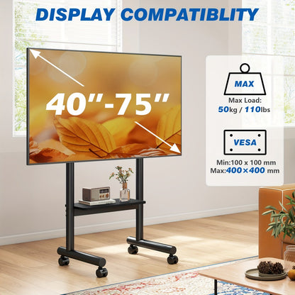 Universal Mobile TV Stand Rolling Cart for 40-75 Inch TVs up to 110 LBS, Height Adjustable 43.6"-49.5" with Storage Shelf & 360° Locking Wheels, VESA 400x400mm, Indoor Outdoor Apartment Office Gym
