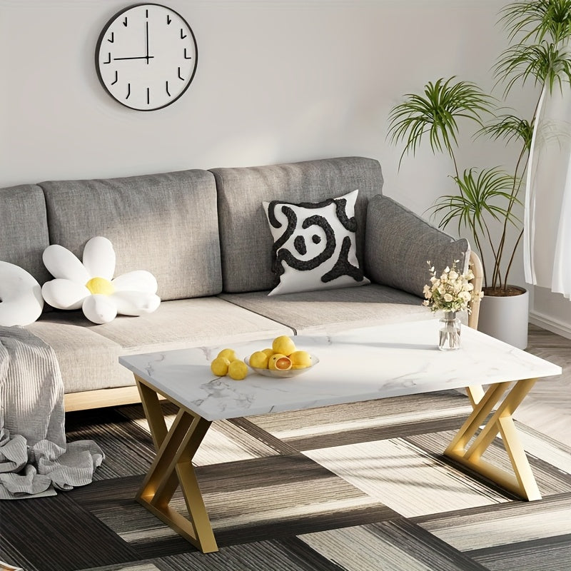 Coffee Table Living Room Table Center Table, Easy Modern Faux Marble Rectangular Tea Table with Sturdy Metal Frame, Industrial Wood Coffee Table for Bedroom Home Office
