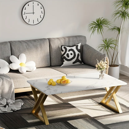Coffee Table Living Room Table Center Table, Easy Modern Faux Marble Rectangular Tea Table with Sturdy Metal Frame, Industrial Wood Coffee Table for Bedroom Home Office