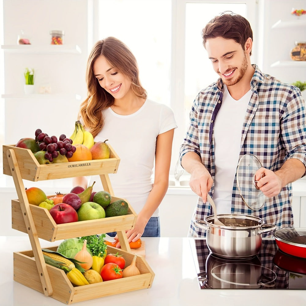 Bamboo Fruit Basket Rack for Kitchen Counter – 2 or 3 Tier Countertop Produce Storage with Ventilation, Removable Hooks & Non-Slip Pads, Natural Wood Organizer for Fruits, Vegetables & Bread