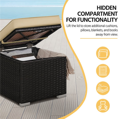 Costoffs 2pcs Rattan Ottomans with Hidden Storage & Removable Cushions, Outdoor Patio Furniture Ottoman Set, Versatile Resin Wicker Footstools, Side Tables, Additional Seating for Garden, Balcony, Deck, Khaki/Gray/Blue