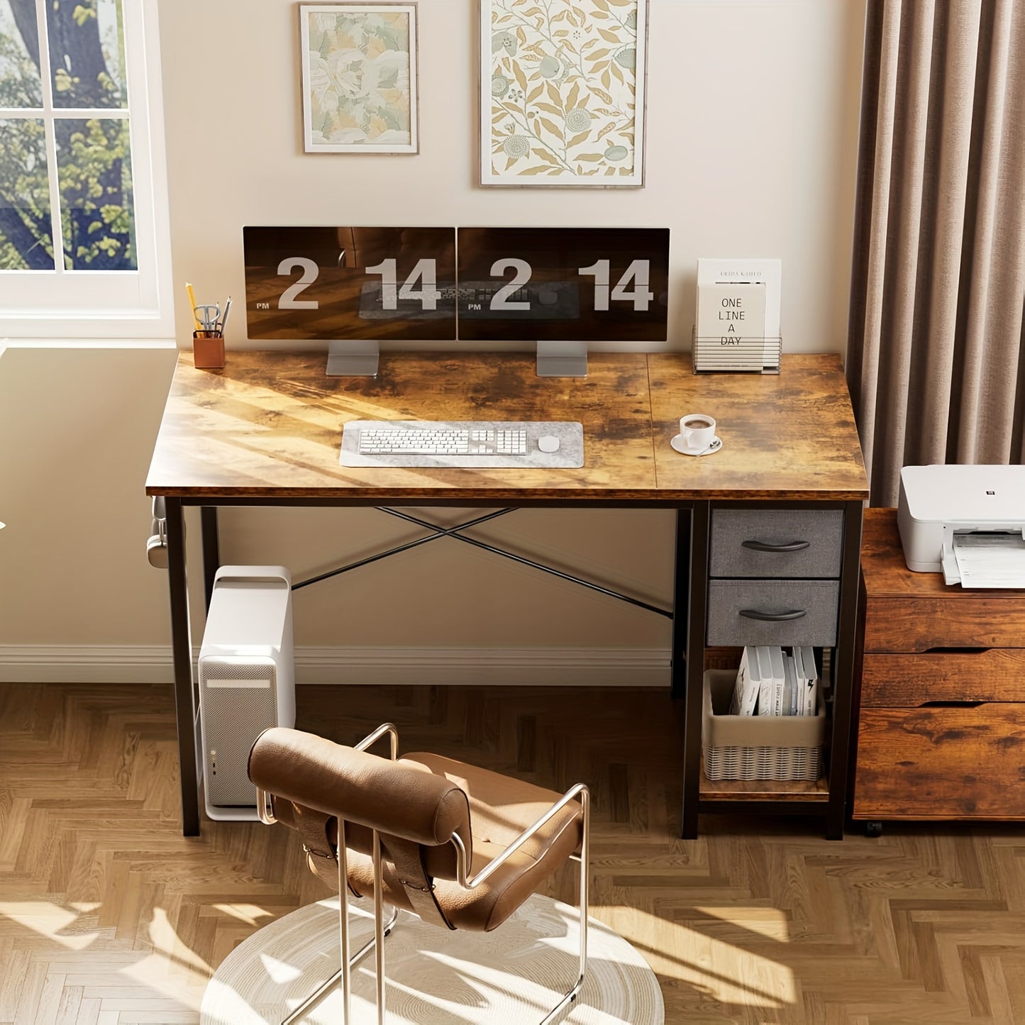 47-Inch Computer Gaming Desk with 2 Adjustable Fabric Storage Drawers, Ideal for Work, Writing, And Study, Computer Desk