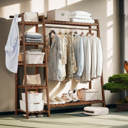 A multi capacity storage rack with brown and brown options, equipped with 5 side storage racks. A hat rack with shelves and bags is suitable for home storage, and a side hat hook is suitable for bedroom and hat room storage Specifications: with bag or wit