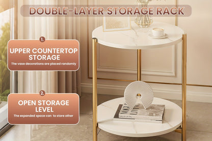 Round Coffee Table with Marble Pattern & Double-Layer Storage, Modern Glass Top Accent Table in White and Gold for Living Room or Bedroom