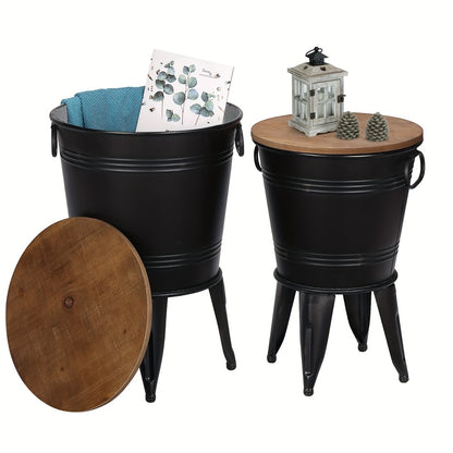 Set of 2 Rustic Farmhouse End Tables with Round Wood Lids, Galvanized Metal Nesting Accent Side Tables for Living Room Bedroom Entryway, Stackable Vintage Décor Tables in Galvanized Black Distressed White