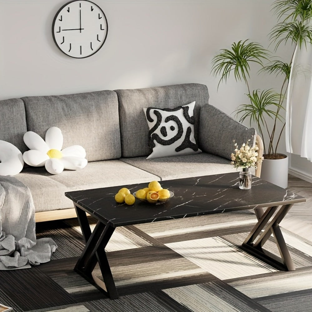 Faux Marble Coffee Table Rectangular with Sturdy Metal Frame, Modern Industrial Center Table for Living Room Bedroom Home Office