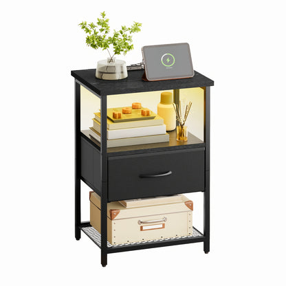 TOMNK Bedside Cabinet with Charging Station, LED Nightstand with USB Ports and Outlets, 1/2 Fabric Storage Drawer with PU Coating, Side Table, Heavy-Duty Nightstand, Suitable for Home, School, and Dorm Storage, Black, White, and Brown