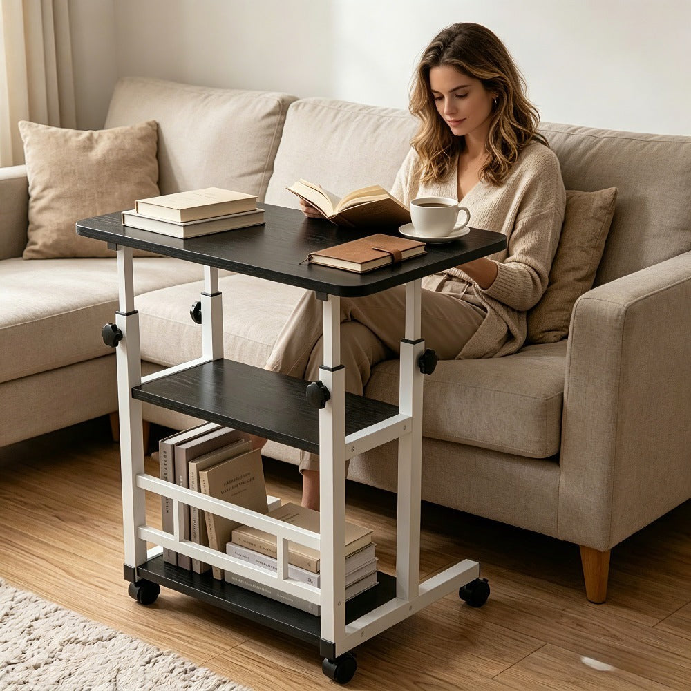 Height Adjustable Computer Desk with Storage Shelf & Wheels – Mobile Rolling Desk for Home Office, Small Space Study Workstation