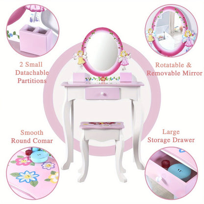 Children's Vanity Table Set, Fairy Vanity Table & Stool Set, Wooden Vanity Tables Set With Mirror And Storage Drawer Perfect Gift For Girls