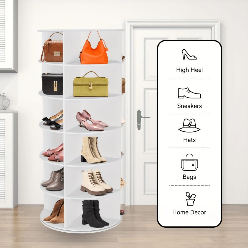 7-Tier Spinning Shoe Rack with 360° Rotating Base – Vertical Carousel Shoe Organizer Tower for Entryway, Closet & Bedroom | Holds 28+ Pairs, Handbag Storage, Space-Saving White Shoe Stand