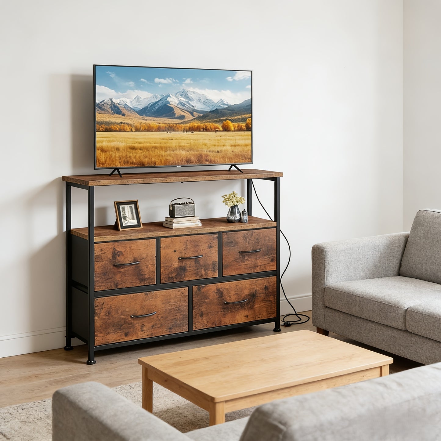 5-Drawer TV Stand Dresser Suitable for 45" Tvs - Media Console Featuring a Charging Station, 2 Shelves, And Storage for Living Room Or Bedroom