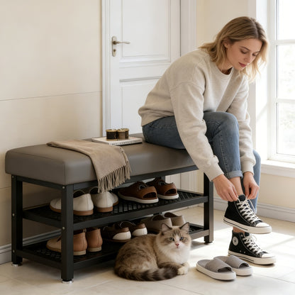 Entryway Shoe Bench with Cushion and Storage Rack, Metal Frame Shoe Changing Stool with Multi-Compartment Organizer for Foyer Bedroom, 24 or 32 Inch, Grey Orange
