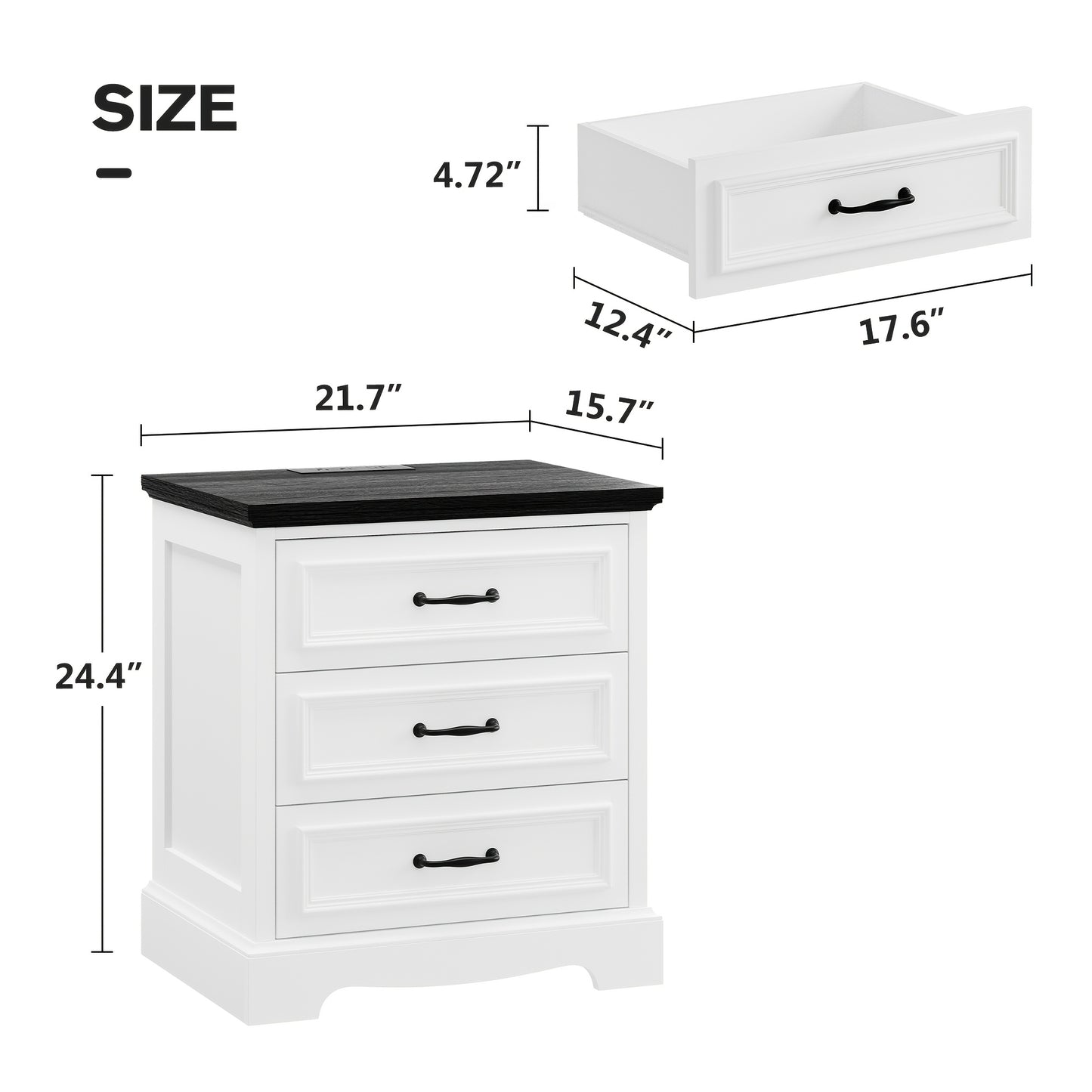 [Nightstand with Charging] Farmhouse Nightstand with Charging Station, White Bedside Table with 3 Drawers, Modern Side End Table for Bedroom, Living Room