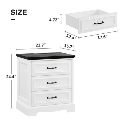 [Nightstand with Charging] Farmhouse Nightstand with Charging Station, White Bedside Table with 3 Drawers, Modern Side End Table for Bedroom, Living Room