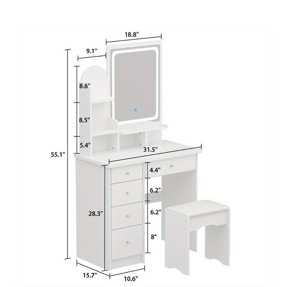 Vanity Desk Set with Large Mirror 5 Drawers Cushioned Stool and Storage Shelves 55 Inch Tall 70 Lbs Capacity Makeup Dressing Table with LED Light Option White Black