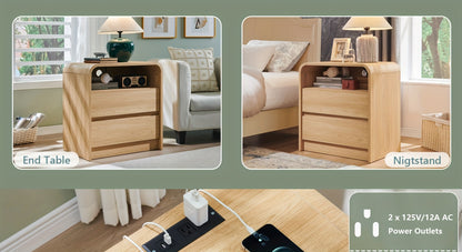 25" Tall Modern Nightstand with Charging Station, Wood Bedside Table with 2 Storage Drawers, Large Mid Century End Table for Bedroom, Living Room, Curved Profile Design