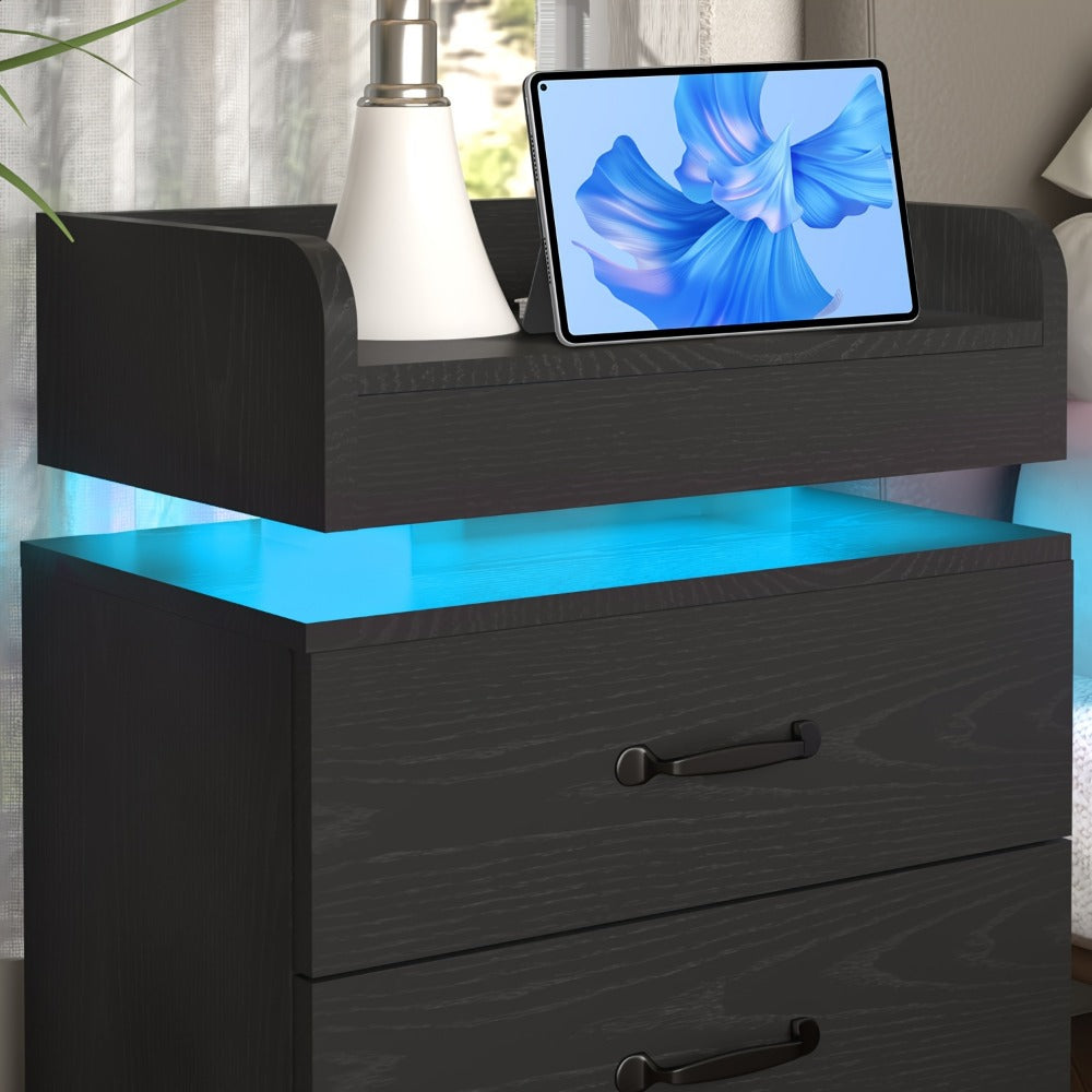 Smart LED Nightstand with Charging Station – Narrow Bedside Table 2 Drawers, Entryway Side Table, Black White, 1pc or 2pcs Set for Bedroom Living Room