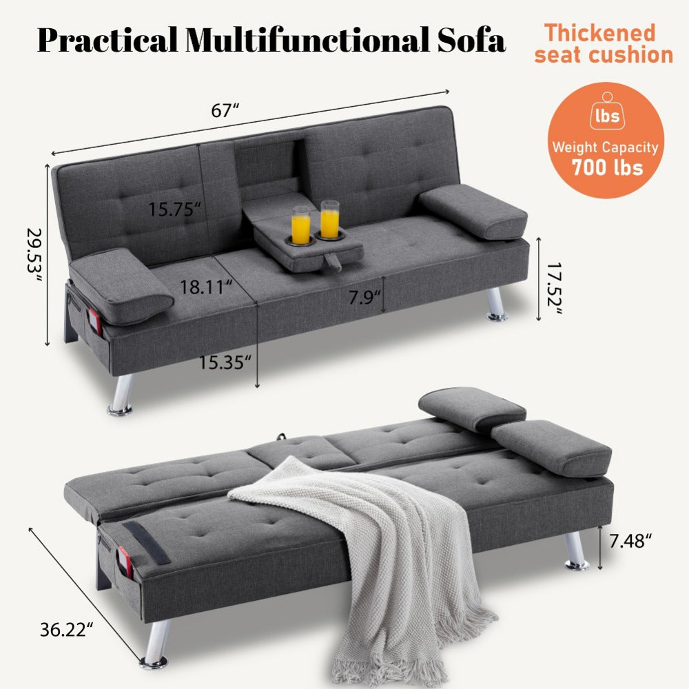 Convertible Futon Sofa Bed 67 Inch Sleeper Couch with Adjustable Backrest, Cup Holders, Detachable Armrests & Side Pocket - Fold Flat Guest Bed for Living Room, Apartment, Dorm