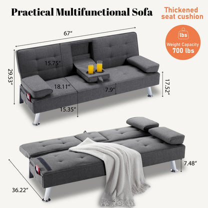 Convertible Futon Sofa Bed 67 Inch Sleeper Couch with Adjustable Backrest, Cup Holders, Detachable Armrests & Side Pocket - Fold Flat Guest Bed for Living Room, Apartment, Dorm
