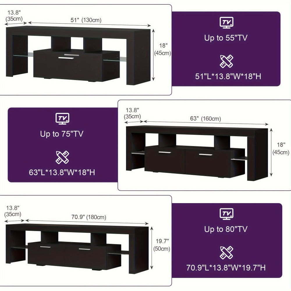 Contemporary LED TV Stand with Storage Drawers, High Gloss Media Console Table for TVs up to 80 Inch, Entertainment Center for Living Room Game Room Bedroom, 51" 63" 71" Sizes Black White Brown
