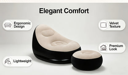 Adult Inflatable Deck Chairs Recliner with Foot Stool Inflatable Patio Lounge Sofa with Foot Pump Heavy-Duty Portable Folding Air Couch Ultra Lounge Space-Saving Indoor/Outdoor Lounge Chair for Living Room Camping Travel Balcony-Easy Setup & Storage