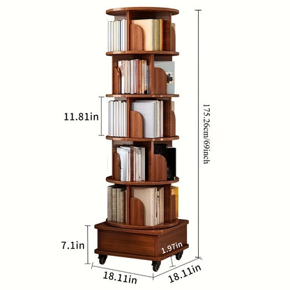 (UPGRADED) Rotating Bookshelf, 360 Display Corner Bookshelf for Small Space, 6 Tier Bookcase Storage Rack with Wheels, Wood Narrow Organizer for Bedroom, Living Room, Study Room, Walnut Brown, Shelves