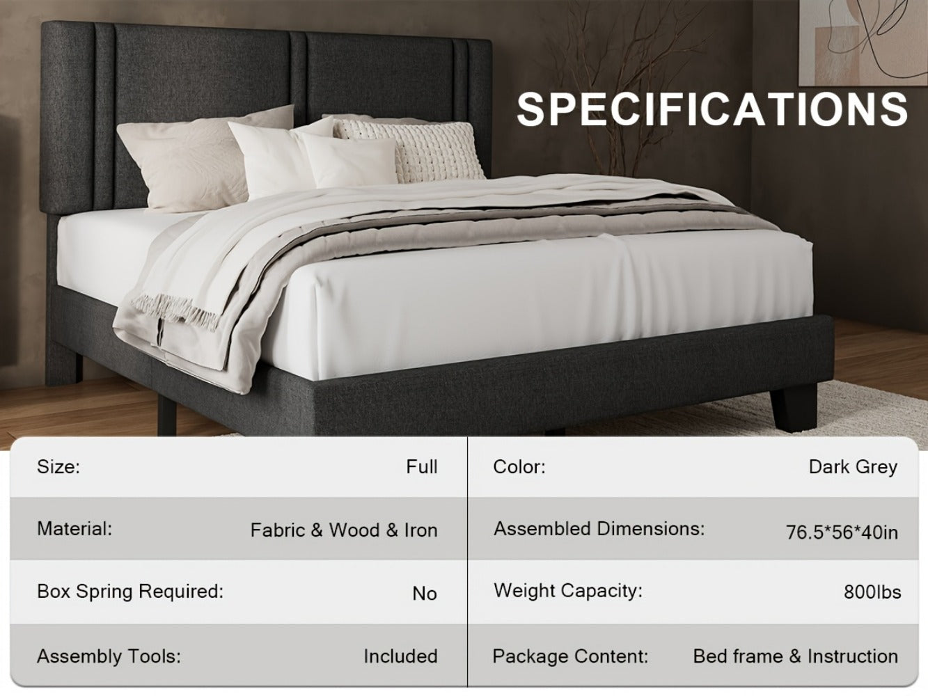 Platform Bed Frame with 21 Inch Soft Padded Headboard Striped or Button Tufted Solid Wood Slats Art Legs Twin Full Queen Black Linen Dark Grey White Velvet