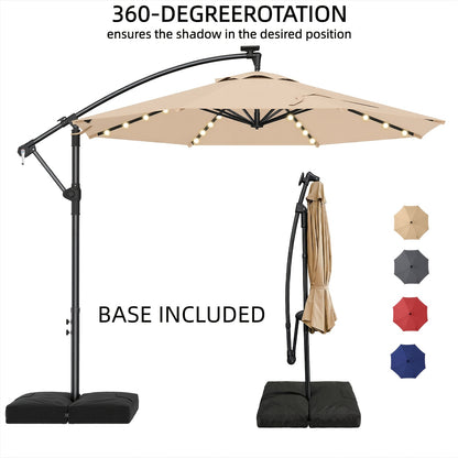 360 Degree Rotation 10Ft Solar Patio Umbrella with Base Included, Offset Cantilever Outdoor Umbrella with 32 LED Lights, Offering UPF50+ UV Protection, 8 Sturdy Ribs, for Outdoor, Pool, Deck And Garden