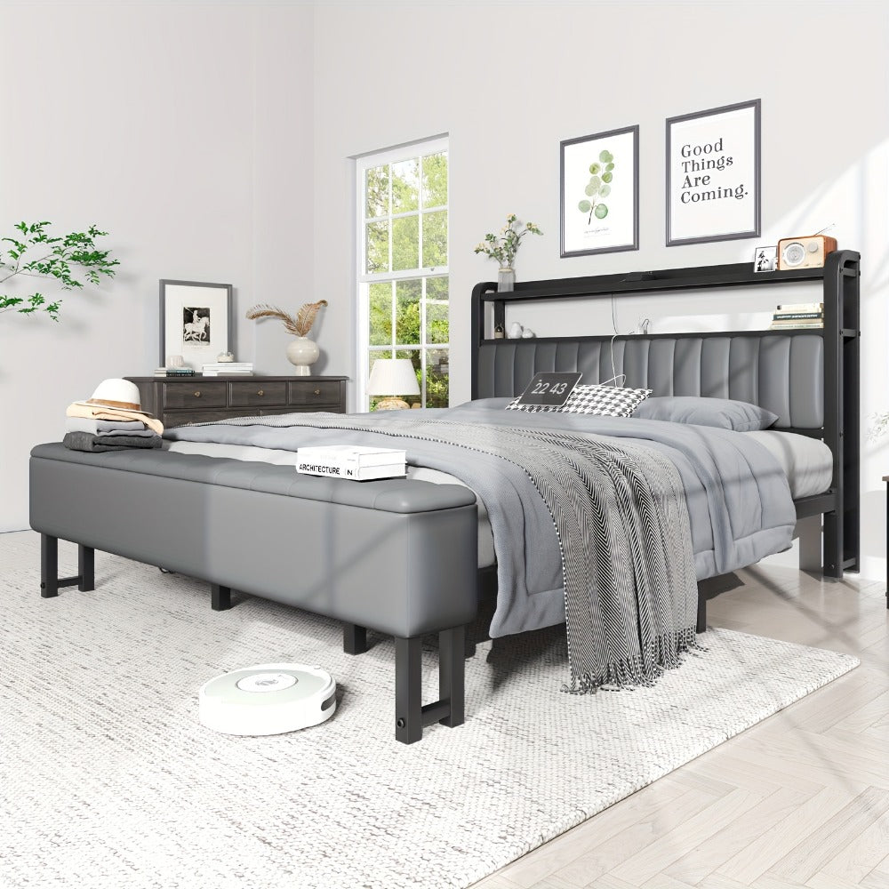 Metal Platform Bed with Starry Sky LED Lighting Storage Ottoman Upholstered Headboard Reinforced Legs Easy Assembly Bedroom Furniture