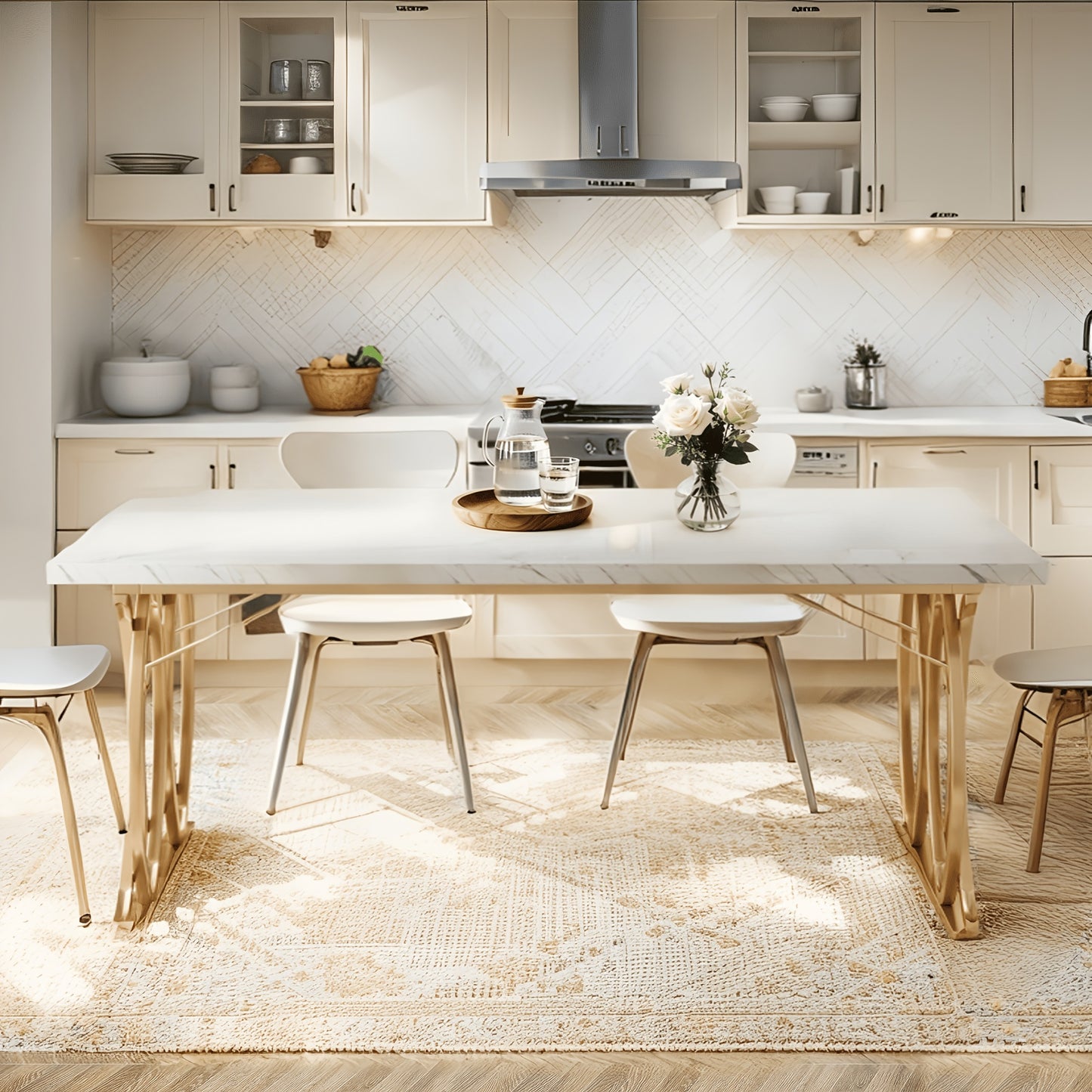 Modern Dining Table for 4-6 People, 63" Large Kitchen Table, Unique Rectangular Dinner Table, Dining Room Furniture with Faux Marble Tabletop And Geometric Legs
