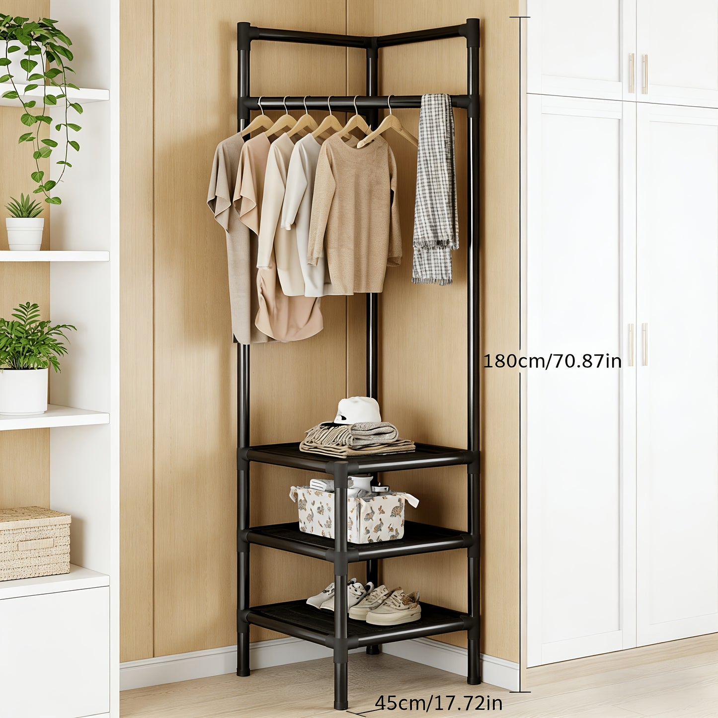 Corner Coat Rack with Shelves & Hanging Rods | Freestanding 2-Tier or 3-Tier Corner Clothes Hanger, Multi-Functional Storage Rack for Entryway, Bedroom, Bathroom | White or Black