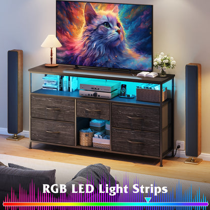 TV Stand Dresser with 5 Drawers, Entertainment Center for 50-Inch Television, Media Console Table with Power Outlets And LED Lights, Office Lockers, Open Shelf, Living Room