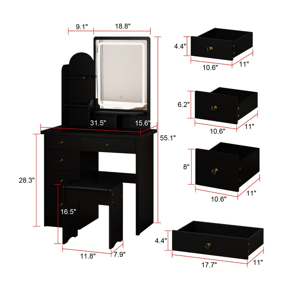 Vanity Desk Set with Large Mirror 5 Drawers Cushioned Stool and Storage Shelves 55 Inch Tall 70 Lbs Capacity Makeup Dressing Table with LED Light Option White Black