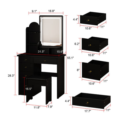 Vanity Desk Set with Large Mirror 5 Drawers Cushioned Stool and Storage Shelves 55 Inch Tall 70 Lbs Capacity Makeup Dressing Table with LED Light Option White Black