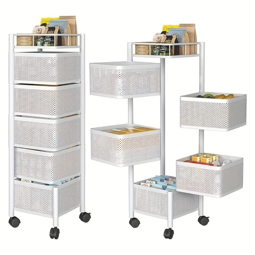 5-Tier Rotating Storage Rack with Wheels – Metal Rolling Cart for Kitchen, Bathroom & Garage – Fruit Vegetable Basket Utility Shelves