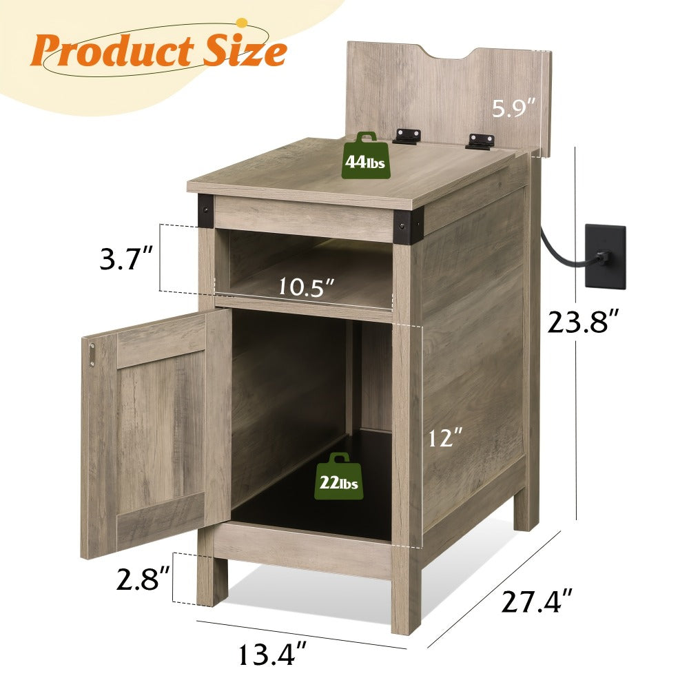 End Table with Charging Station USB Ports & Outlets | Farmhouse Nightstand with Storage for Small Spaces, Narrow Side Table for Living Room & Bedroom | Espresso, White, Brown, Greige