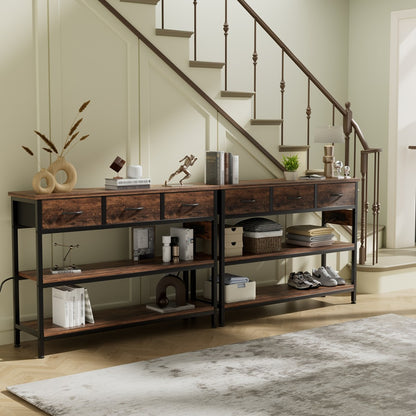 3-Tier Console Table with Charging Station 2 AC Outlets 2 USB Ports Fabric Drawers Open Shelves Narrow Entryway Sofa Table for Hallway Living Room Small Spaces