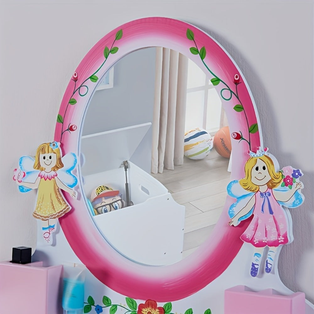 Children's Vanity Table Set, Fairy Vanity Table & Stool Set, Wooden Vanity Tables Set With Mirror And Storage Drawer Perfect Gift For Girls